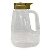 A large, clear BPA free plastic jug with a handle and embossed measurement markings on the side. The jug has a wide mouth, a light brown flip-top spout lid for easy pouring, and is dishwasher safe. It stands empty against a white background.