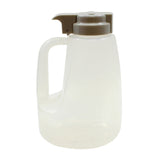 A semi-transparent BPA free plastic male urinal with a brown snap-on lid and handle. Measurement markings are visible on the side of this 64 oz dispenser, which stands upright on a plain white background.