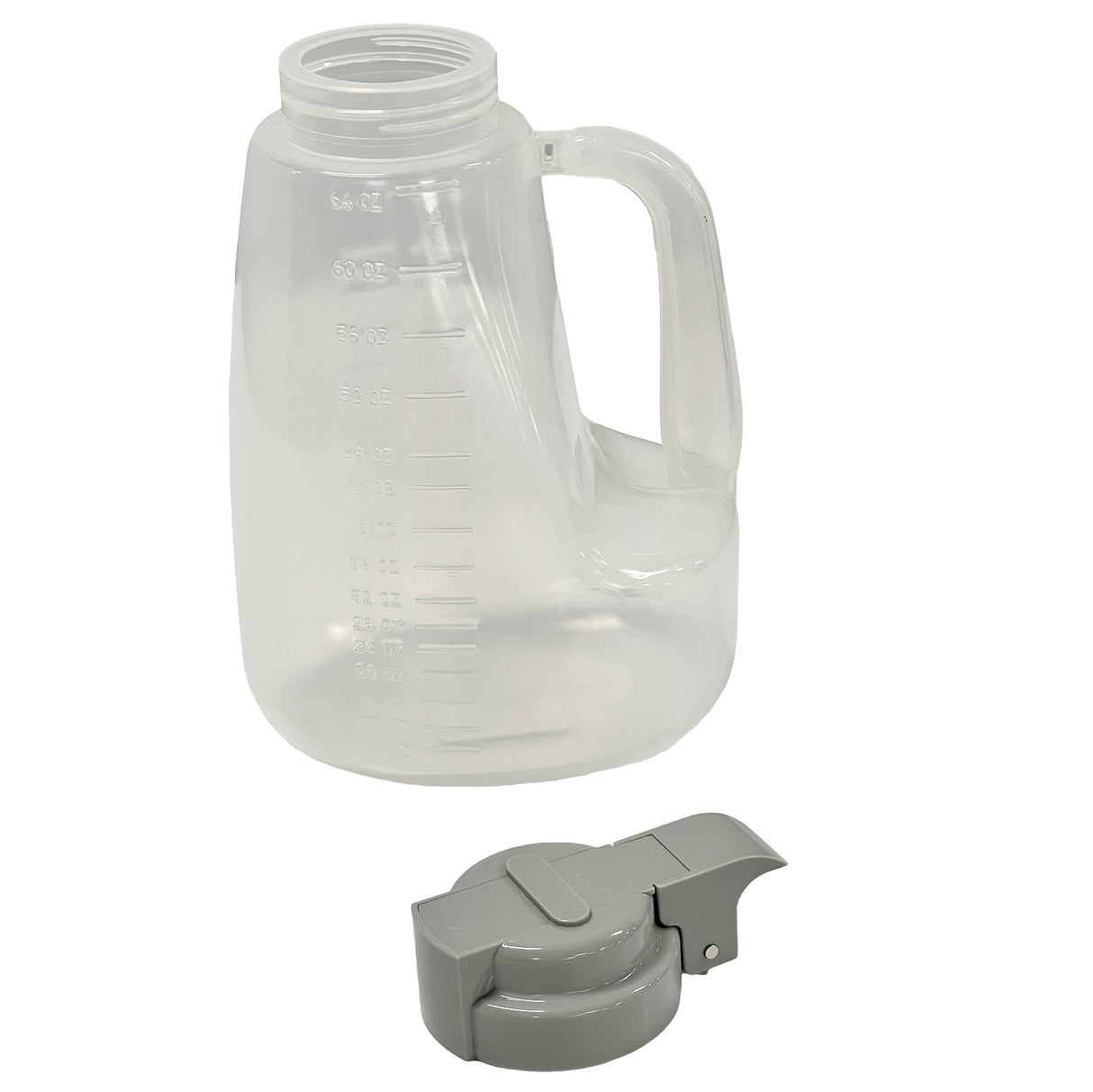 A translucent, BPA free plastic jug with handle and measurement markings is shown. The gray screw-on lid, featuring a flip-top spout, sits in front of this 64 oz dispenser on a white background.