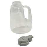 A translucent, BPA free plastic jug with handle and measurement markings is shown. The gray screw-on lid, featuring a flip-top spout, sits in front of this 64 oz dispenser on a white background.