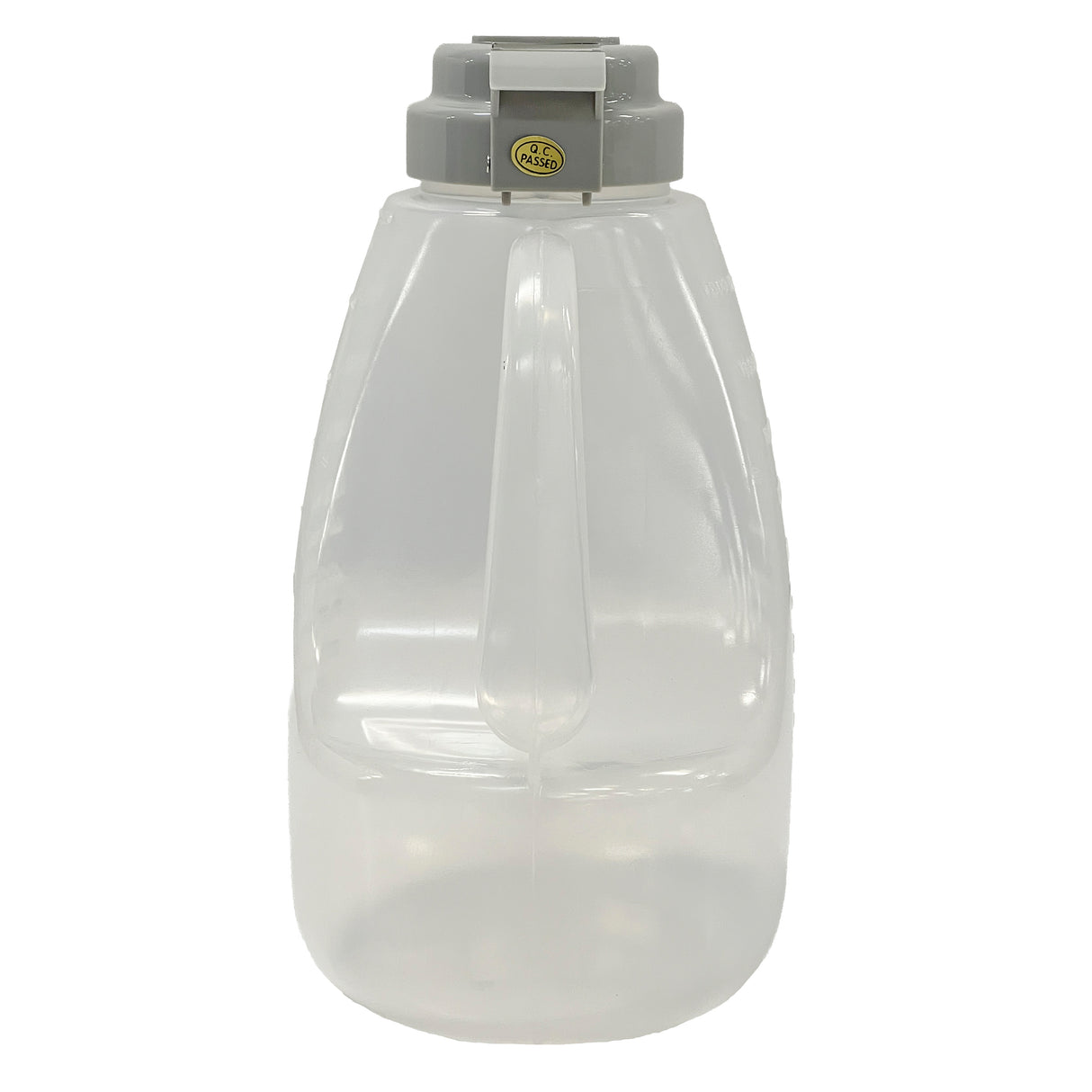 A large, BPA free, translucent plastic jug with a built-in vertical handle and a gray screw-on lid featuring a yellow and black label on top, 64 oz dispenser capacity, isolated on a white background.