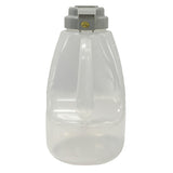 A large, BPA free, translucent plastic jug with a built-in vertical handle and a gray screw-on lid featuring a yellow and black label on top, 64 oz dispenser capacity, isolated on a white background.