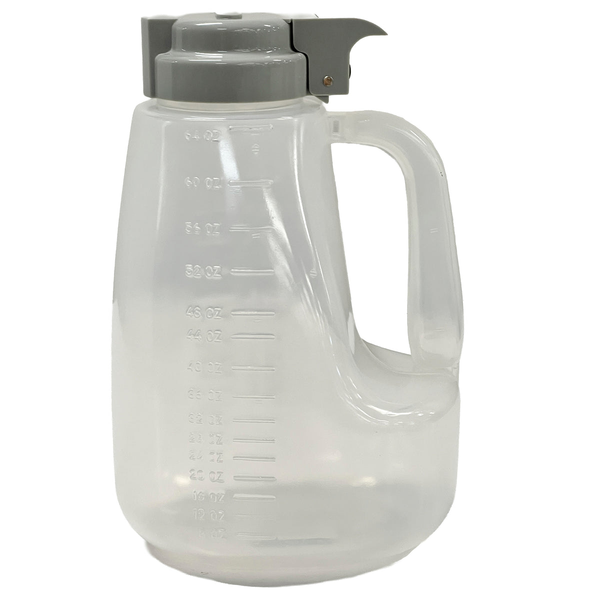 A large, clear BPA free plastic jug with a molded handle and measurement markings in ounces. The 64 oz dispenser features a wide mouth and gray flip-top spout, designed for easy grip and precise liquid dispensing.