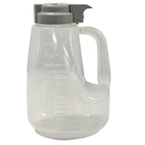 A large, clear BPA free plastic jug with a molded handle and measurement markings in ounces. The 64 oz dispenser features a wide mouth and gray flip-top spout, designed for easy grip and precise liquid dispensing.