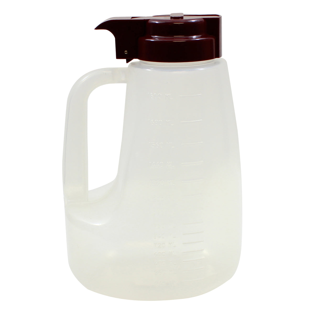 A translucent, BPA free plastic measuring pitcher with a large handle, marked with measurement lines and a dark brown flip-top spout lid. The dishwasher safe pitcher stands empty and upright against a white background.