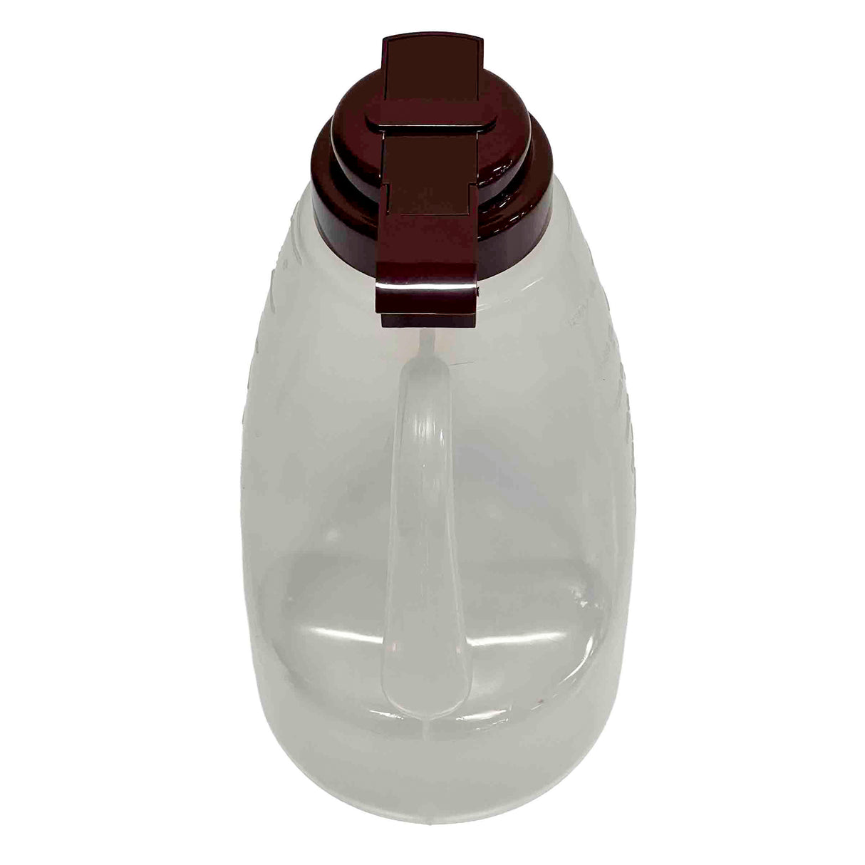 A transparent, BPA free plastic pitcher with a handle and a dark brown flip-top lid, viewed from above. The pitcher is empty and the lid is closed, with the handle clearly visible along the side.
