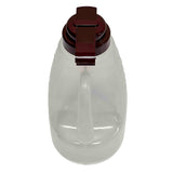 A transparent, BPA free plastic pitcher with a handle and a dark brown flip-top lid, viewed from above. The pitcher is empty and the lid is closed, with the handle clearly visible along the side.