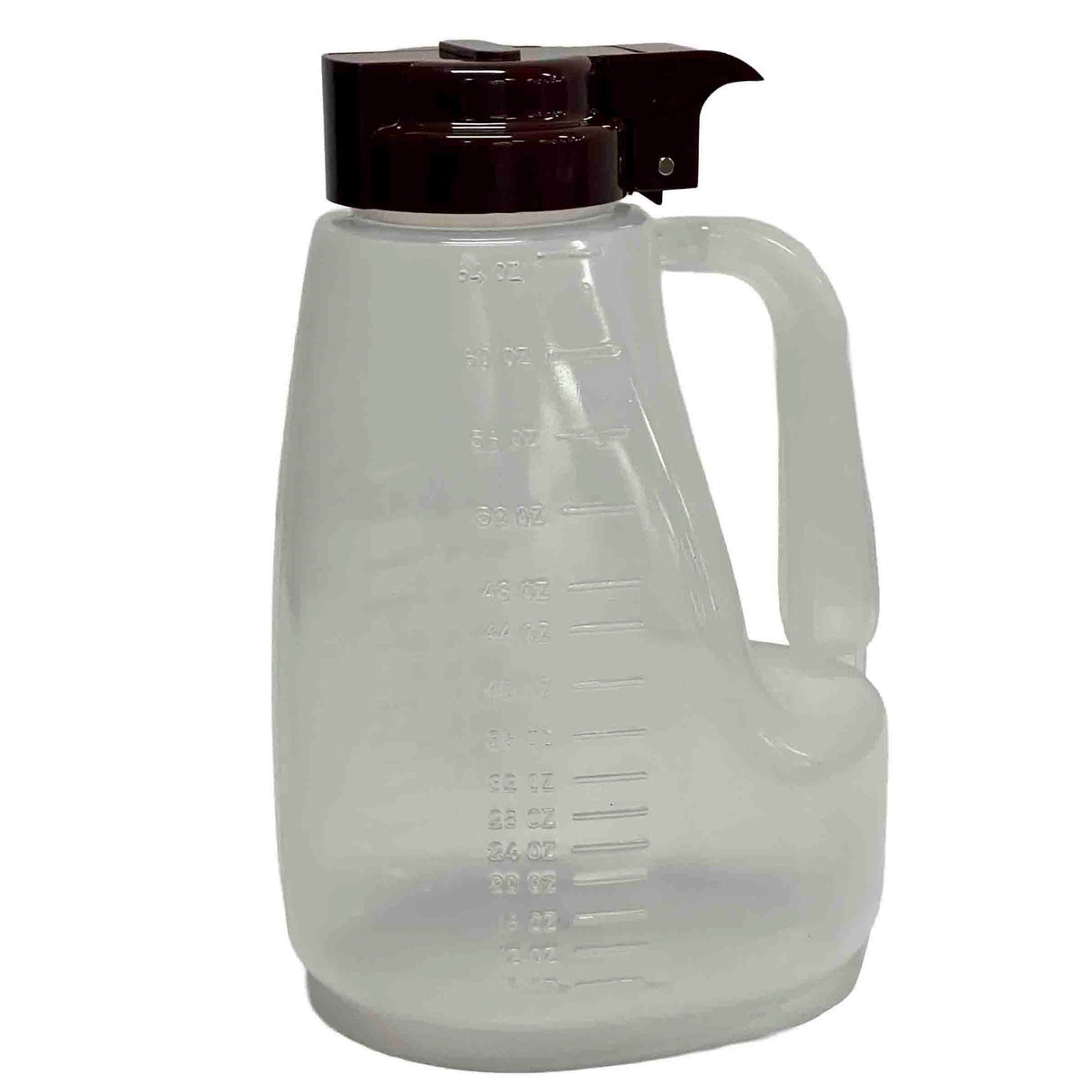 A large, translucent plastic measuring jug with a handle and a dark brown flip-top lid. BPA free and dishwasher safe, it features ounce markings on the side. The empty jug stands against a plain white background.