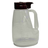 A large, translucent plastic measuring jug with a handle and a dark brown flip-top lid. BPA free and dishwasher safe, it features ounce markings on the side. The empty jug stands against a plain white background.
