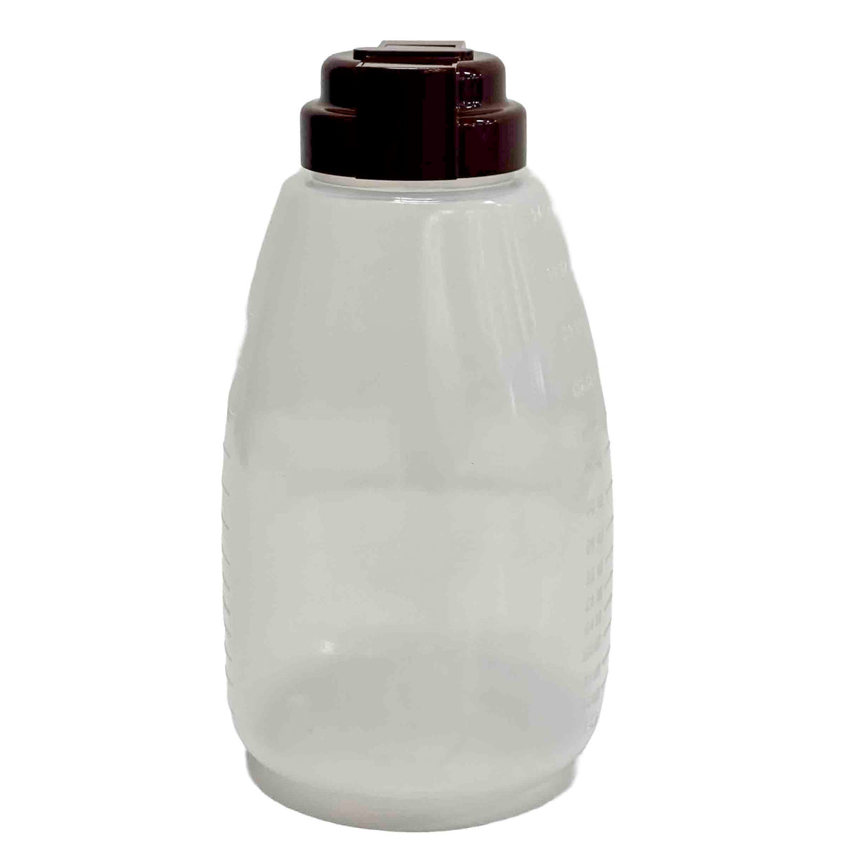 A clear, empty BPA free plastic bottle with a wide, rounded base and a dark brown flip-top cap. Subtle embossed measurement markings line the dishwasher safe bottle’s surface, set against a plain white background.