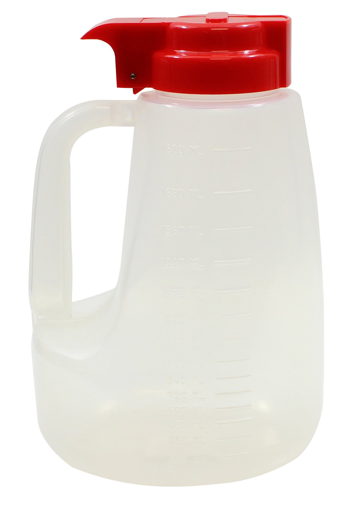 A large, translucent BPA free plastic pitcher with a red flip-top lid and measuring marks. The sturdy handle and spout allow easy pouring, making this dishwasher safe option ideal for storing and serving liquids.