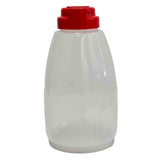 A clear, BPA free plastic bottle with a red screw-on cap and vertical ridges for grip. This 64 oz Option Dispenser is photographed against a plain white background.