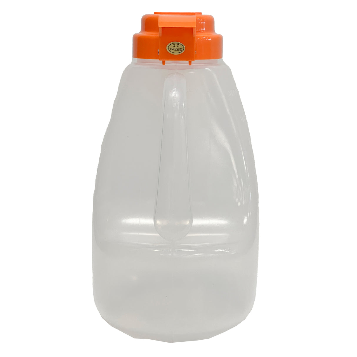 A large, clear BPA free plastic container with a built-in handle and an orange screw-on lid is shown against a white background. The lid has a small gold label, a rectangular orange tab for easy opening, and is dishwasher safe for convenience.