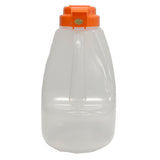 A large, clear BPA free plastic container with a built-in handle and an orange screw-on lid is shown against a white background. The lid has a small gold label, a rectangular orange tab for easy opening, and is dishwasher safe for convenience.