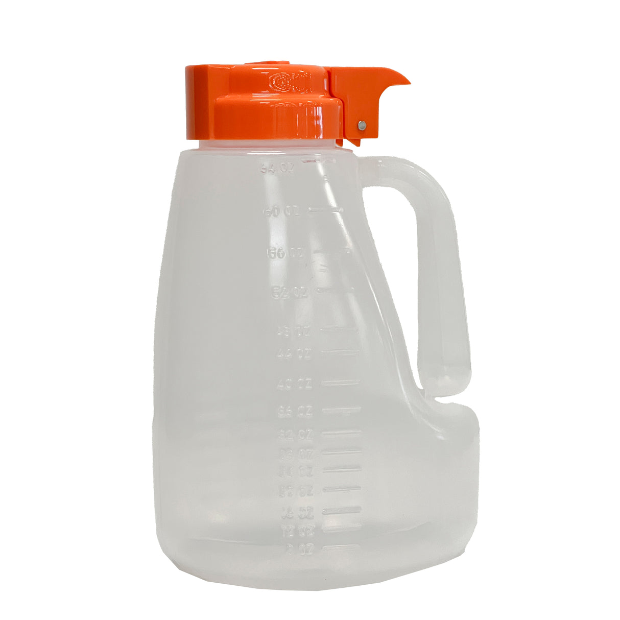A translucent, BPA free plastic jug with a built-in handle and orange flip-top spout. Measurement markings are embossed on the side. The wide base and molded thumb grip below the handle make this Option Dispenser easy to pour and dishwasher safe.