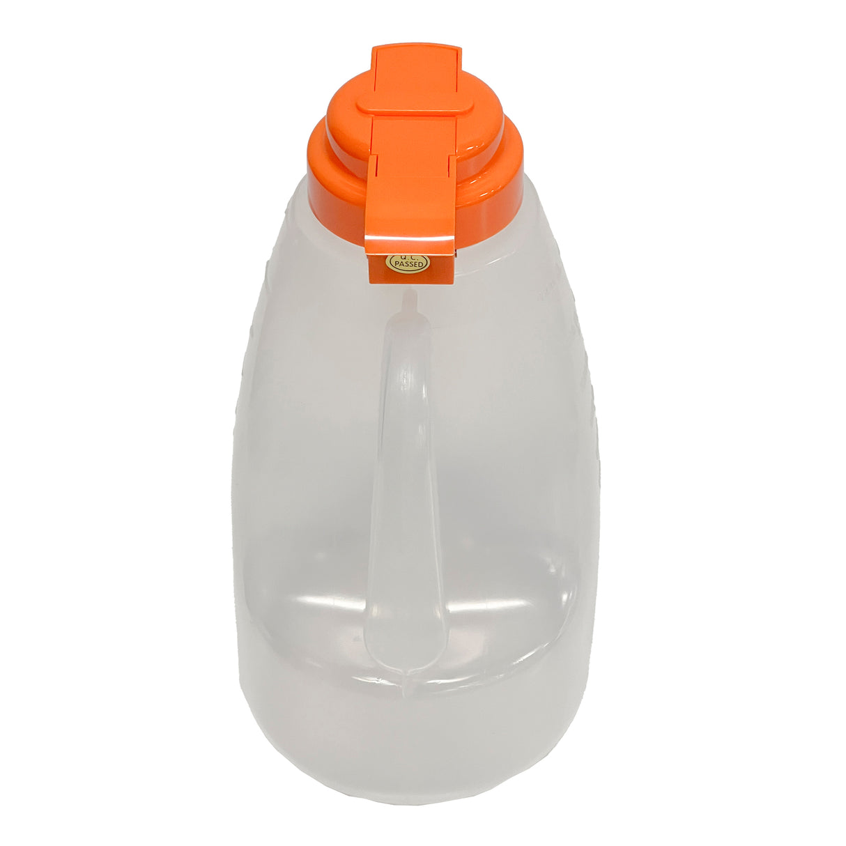 A translucent plastic option dispenser pitcher with a large handle and an orange flip-top lid. It features a rectangular green and yellow label near the top of the lid. The image is taken from a top-front angle on a white background.
