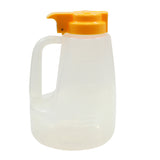 A translucent BPA free plastic pitcher with a large handle and an orange flip-top spout lid. Measurement markings on the side make it ideal for pouring and measuring liquids. Dishwasher safe for easy cleaning. The background is plain white.