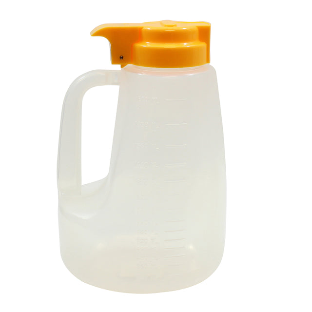 A translucent BPA free plastic pitcher with a large handle and an orange flip-top spout lid. Measurement markings on the side make it ideal for pouring and measuring liquids. Dishwasher safe for easy cleaning. The background is plain white.