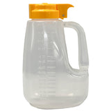 A translucent plastic jug with a molded handle and bright yellow flip-top spout. This BPA free Option Dispenser features embossed measurement markings from 8 to 64 ounces and sits on a white background.
