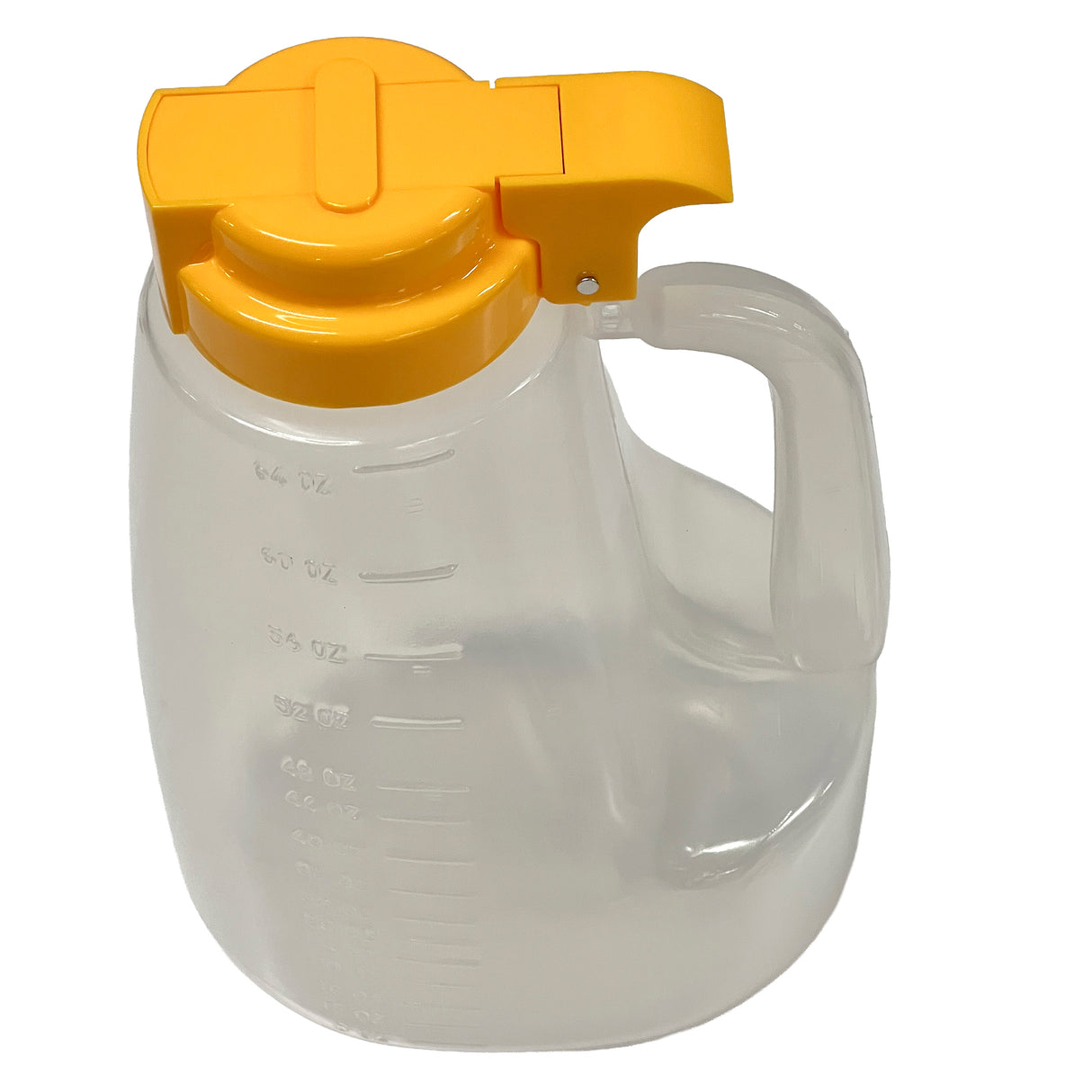 A translucent BPA free plastic pitcher with a sturdy handle and bright yellow flip-top lid. This 64 oz option dispenser features measurement markings on the side and a tab on the lid for easy opening and pouring.
