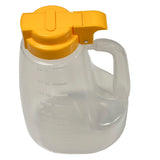 A translucent BPA free plastic pitcher with a sturdy handle and bright yellow flip-top lid. This 64 oz option dispenser features measurement markings on the side and a tab on the lid for easy opening and pouring.