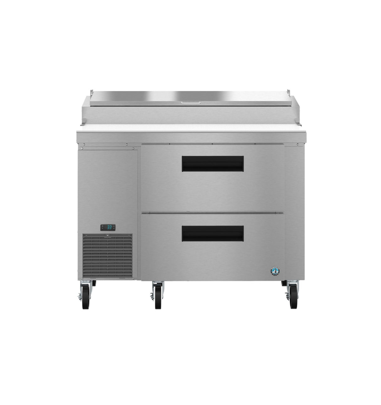 A Hoshizaki stainless steel pizza prep table with two wide drawers, four casters for mobility, a temperature control panel on the left, a flat work surface, and an upper food storage compartment, isolated on a white background.