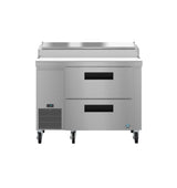 A Hoshizaki stainless steel pizza prep table with two wide drawers, four casters for mobility, a temperature control panel on the left, a flat work surface, and an upper food storage compartment, isolated on a white background.