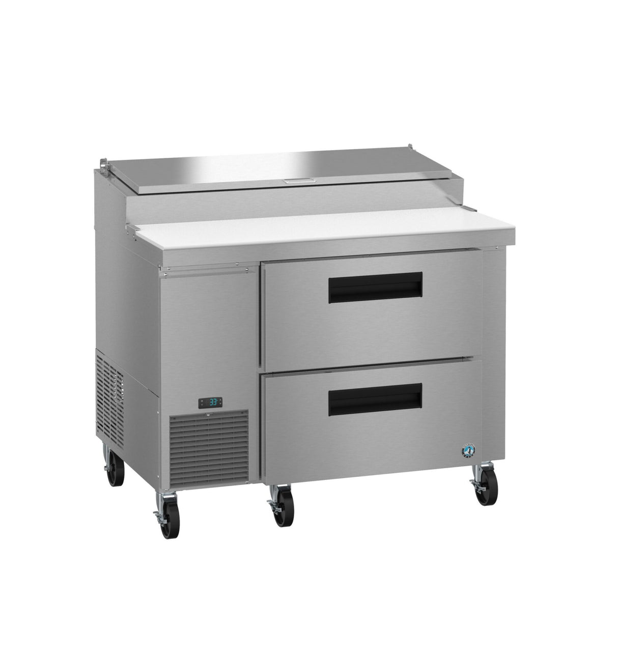 A commercial Hoshizaki stainless steel pizza prep table featuring two drawers, a raised ingredient compartment with a metal lid, a white cutting board surface, ventilation grilles, control panel, and four caster wheels for mobility.