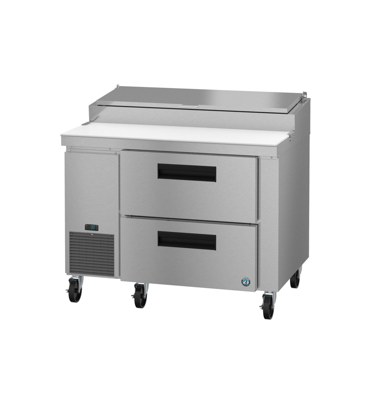 A Hoshizaki stainless steel pizza prep table features two horizontal drawers, a white cutting board surface, a hinged top, four caster wheels for mobility, plus a digital display and vent panel on the left front side.