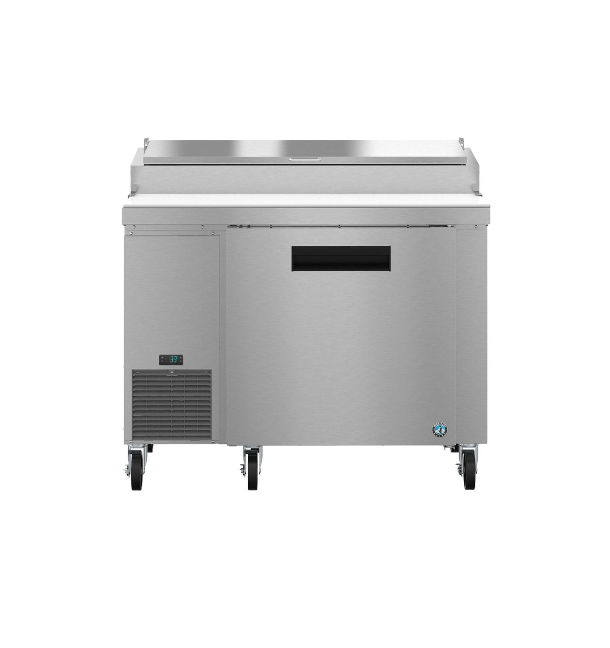 A Hoshizaki stainless steel commercial refrigerator with a flat top, vented panel on the lower left, black handle in the center, digital display, and four caster wheels—ideal as a pizza prep table—isolated on a white background.