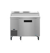 A Hoshizaki stainless steel commercial refrigerator with a flat top, vented panel on the lower left, black handle in the center, digital display, and four caster wheels—ideal as a pizza prep table—isolated on a white background.
