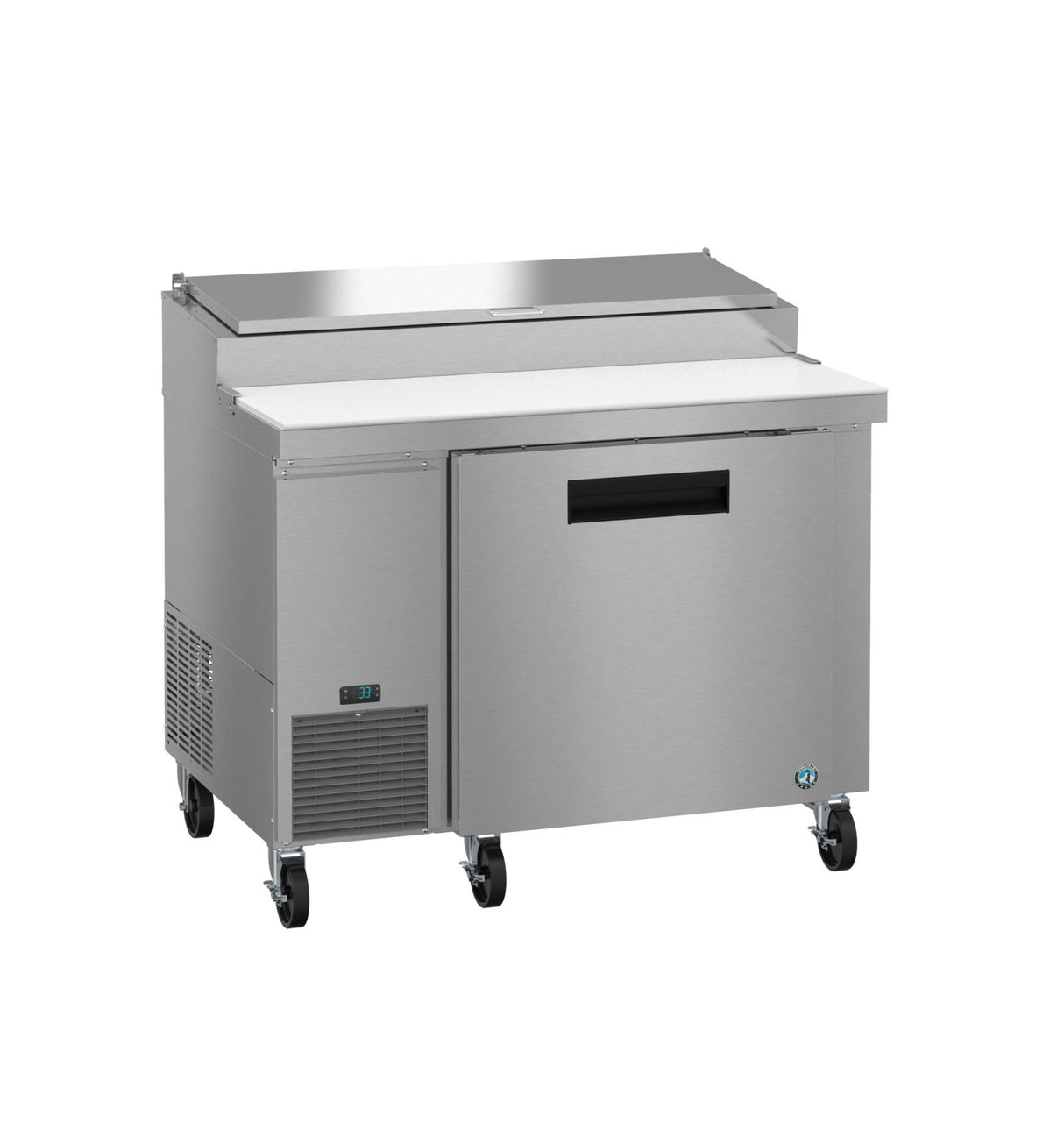 A commercial Hoshizaki stainless steel pizza prep table with a refrigerated base, cutting board surface, and lid. Features one door, a digital temperature display, and four black caster wheels for mobility; ideal for restaurant kitchens.