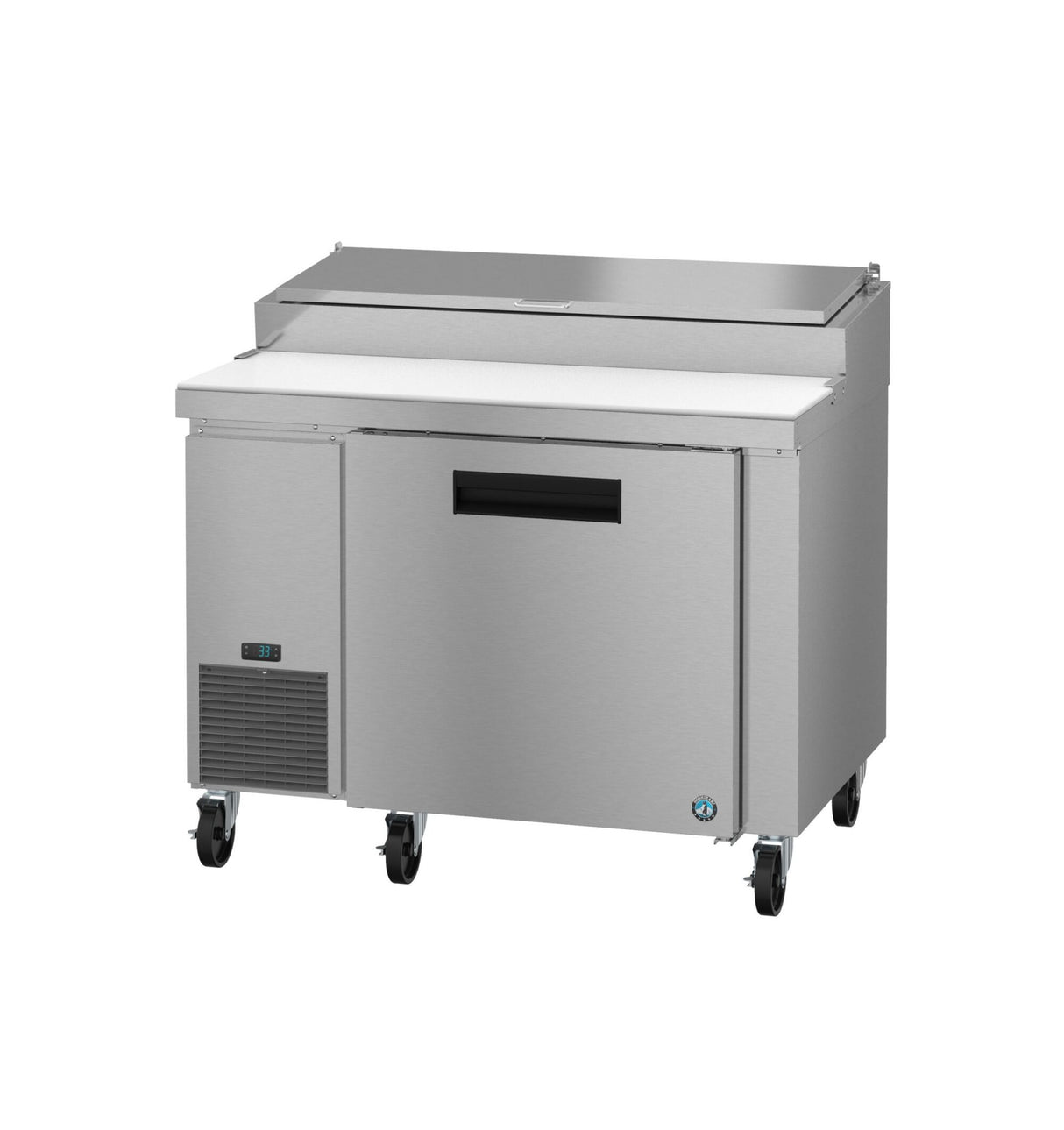 A Hoshizaki stainless steel pizza prep table on wheels with a top lid, cutting board, and refrigerated storage. The front has a digital display, ventilation panel, and a single door with recessed handle for convenience and style.