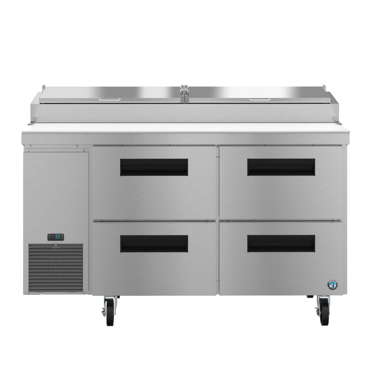 A large commercial stainless steel pizza prep table featuring four black-handled refrigerated drawers, a digital temperature display on the lower left, ventilation slots, and wheels. The top lid is ideal for food prep, making it perfect for any restaurant kitchen.