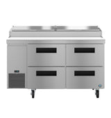 A large commercial stainless steel pizza prep table featuring four black-handled refrigerated drawers, a digital temperature display on the lower left, ventilation slots, and wheels. The top lid is ideal for food prep, making it perfect for any restaurant kitchen.