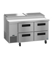 A stainless steel pizza prep table with four refrigerated drawers, two top compartments with lids, a white cutting board surface, and four wheels for mobility. The left side features a digital display and ventilation panel.