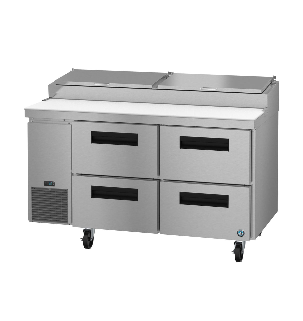A stainless steel pizza prep table with four refrigerated drawers, a white prep surface on top, and two hinged lids; the unit is on wheels and features a small digital display on the front left.