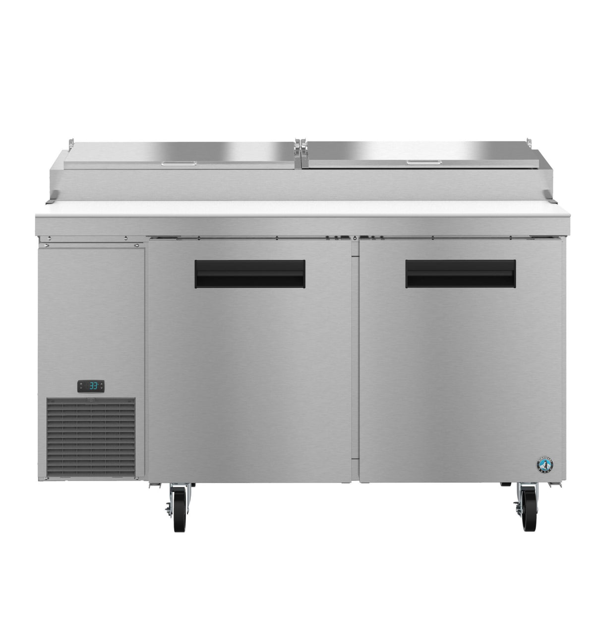 A commercial Hoshizaki stainless steel refrigerator with two doors, a digital temperature display on the lower left, vent slats, a flat worktop like a pizza prep table, and two lids on top. Four wheels offer mobility and modern industrial design.