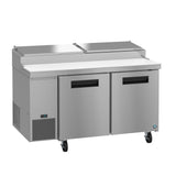 A commercial Hoshizaki stainless steel pizza prep table with two doors, a digital temperature display, black handles, four caster wheels, and a white cutting board on top. Rear features two metal compartment lids for ingredient storage.