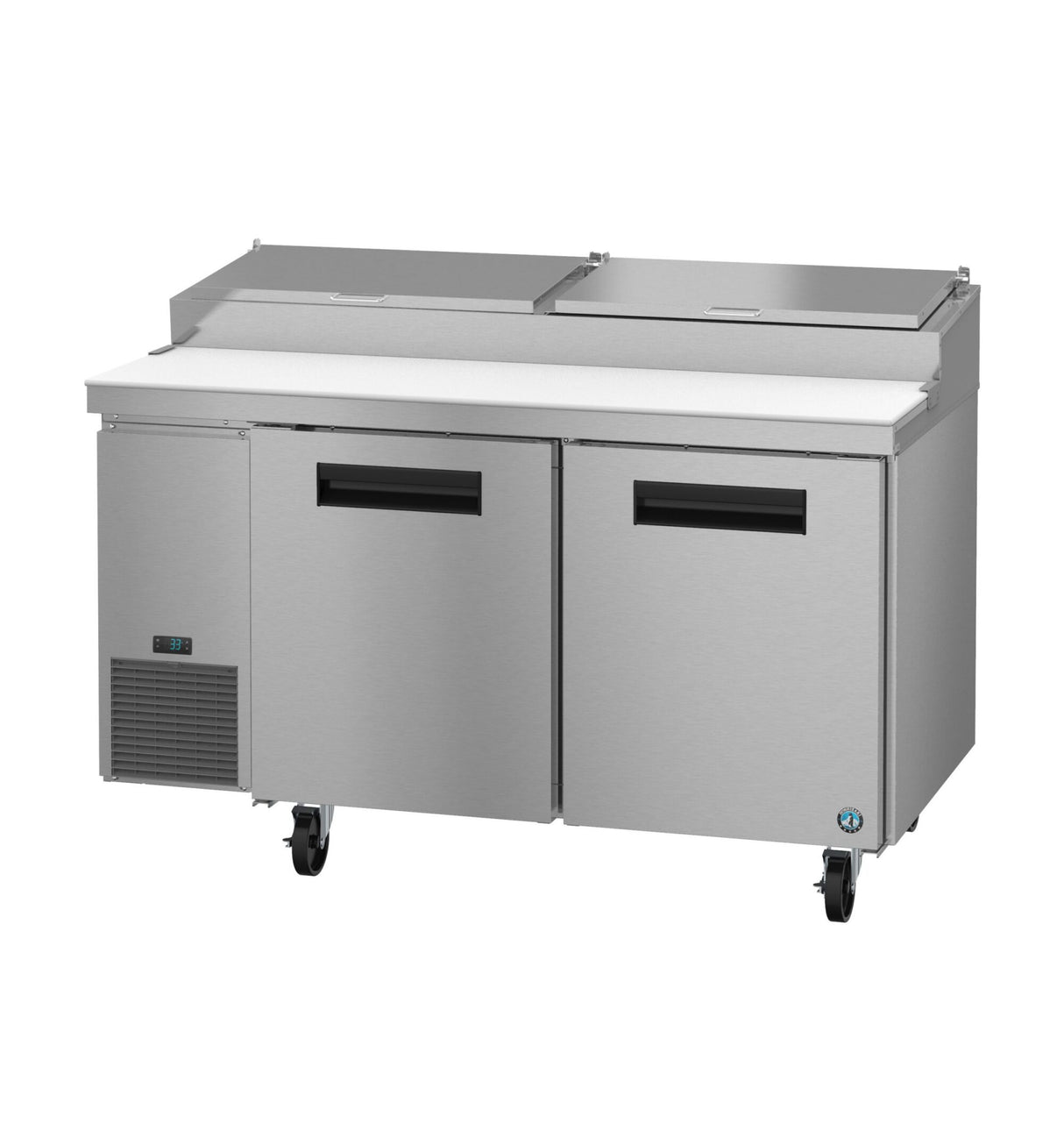 A Hoshizaki commercial stainless steel pizza prep table with two doors, a digital temperature display, side vent, and wheels. It features a flat work surface and two covered compartments on top, ideal for food prep in kitchens or restaurants.