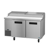 A Hoshizaki commercial stainless steel pizza prep table with two doors, a digital temperature display, side vent, and wheels. It features a flat work surface and two covered compartments on top, ideal for food prep in kitchens or restaurants.