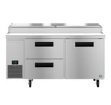 The Hoshizaki PR67B-D2 Steelheart Series pizza prep table features two drawers on the left, a door on the right, a white countertop, overhead compartment, wheels for mobility, and a digital temperature display on the lower left.