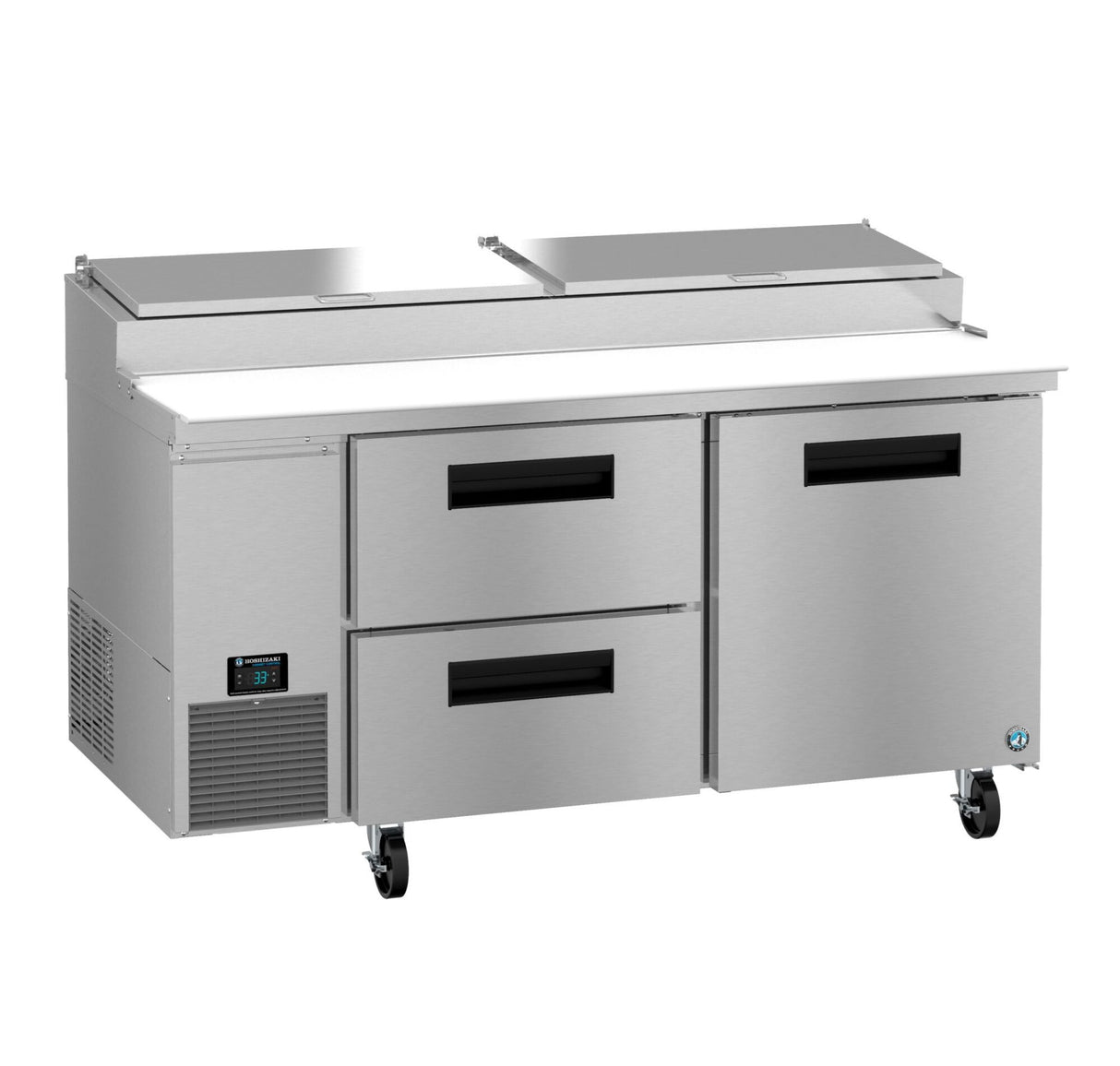 The Hoshizaki PR67B-D2 Steelheart Series pizza prep table features two pull-out drawers, one door, a built-in digital temperature display, top ingredient compartments with lids, and four caster wheels for easy mobility.