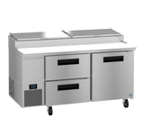 The Hoshizaki PR67B-D2 Steelheart Series pizza prep table features two pull-out drawers, one door, a built-in digital temperature display, top ingredient compartments with lids, and four caster wheels for easy mobility.