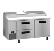 The Hoshizaki PR67B-D2 Steelheart Series pizza prep table features two pull-out drawers, one door, a built-in digital temperature display, top ingredient compartments with lids, and four caster wheels for easy mobility.