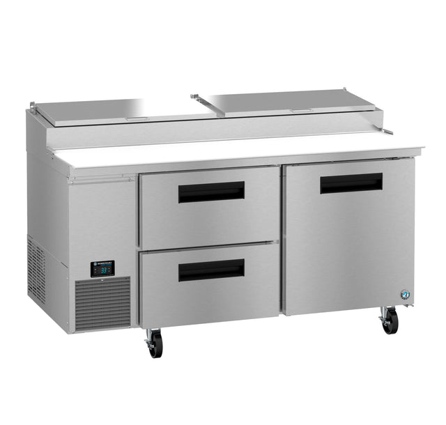 The Hoshizaki PR67B-D2 Steelheart Series pizza prep table features two pull-out drawers, one door, a built-in digital temperature display, top ingredient compartments with lids, and four caster wheels for easy mobility.
