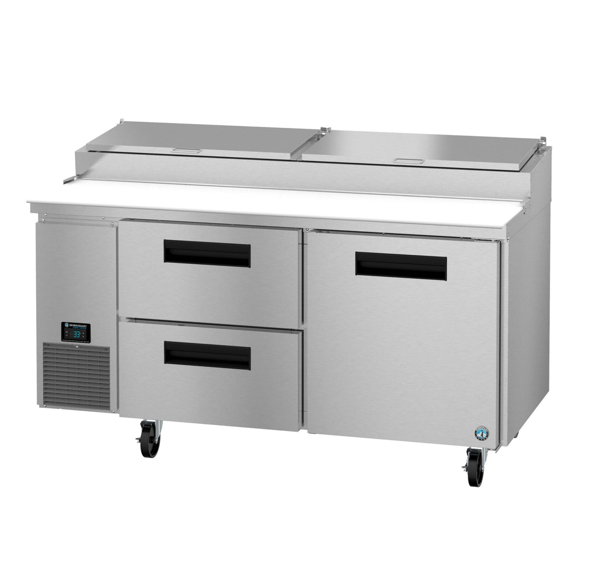 A commercial Hoshizaki PR67B-D2 Steelheart Series pizza prep table with two full doors, two drawers, a left-side digital temperature display, a raised covered ingredient section, and four wheels—ideal for busy restaurant kitchens.