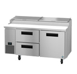 A commercial Hoshizaki PR67B-D2 Steelheart Series pizza prep table with two full doors, two drawers, a left-side digital temperature display, a raised covered ingredient section, and four wheels—ideal for busy restaurant kitchens.