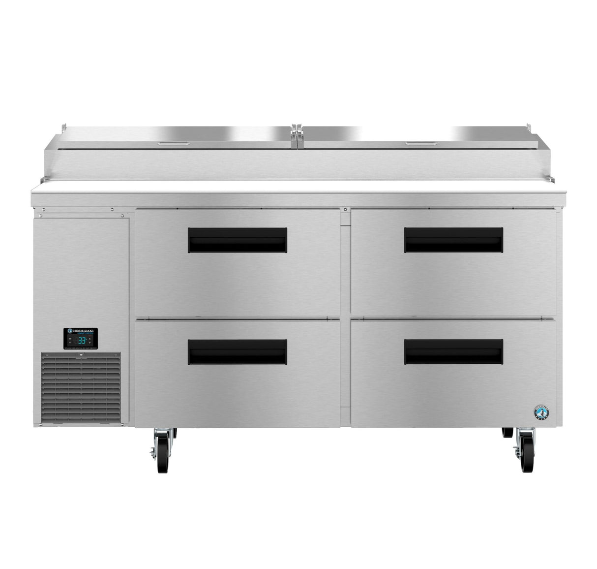A commercial Hoshizaki Steelheart refrigerated prep table on wheels, featuring four pull-out drawers, a digital temperature display on the bottom left, and a raised rear section with a lid, ideal for ingredient storage or food preparation.