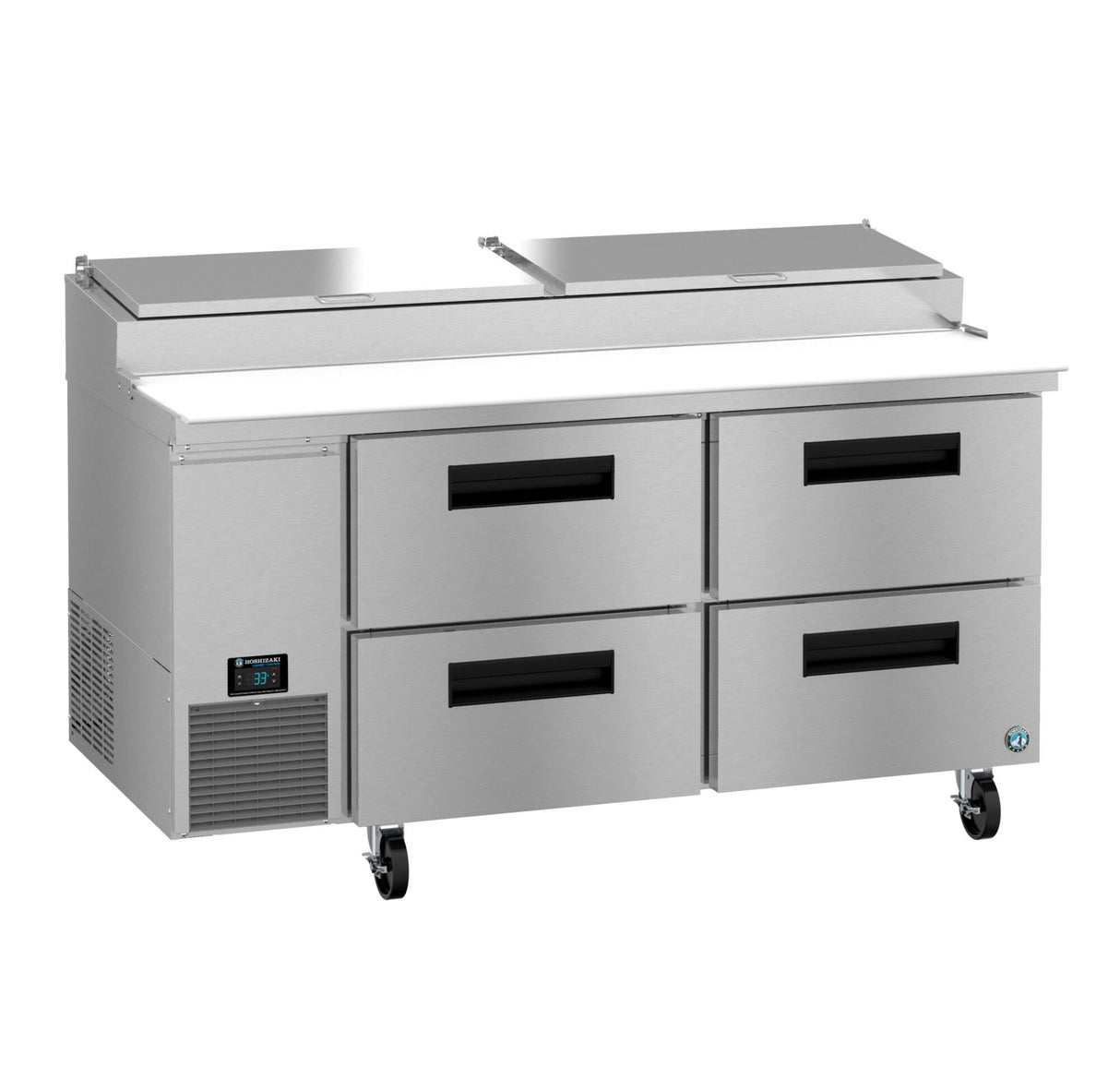 A Hoshizaki Steelheart refrigerated prep table featuring four pull-out drawers, a digital control panel, wheels for mobility, and a raised top section with two lids—ideal as a pizza prep table in busy restaurant kitchens.